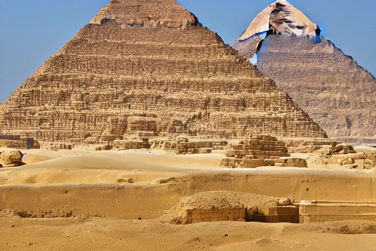 Prompt: pyramids of giza that looks like an office building with windows, realistic, photograph,