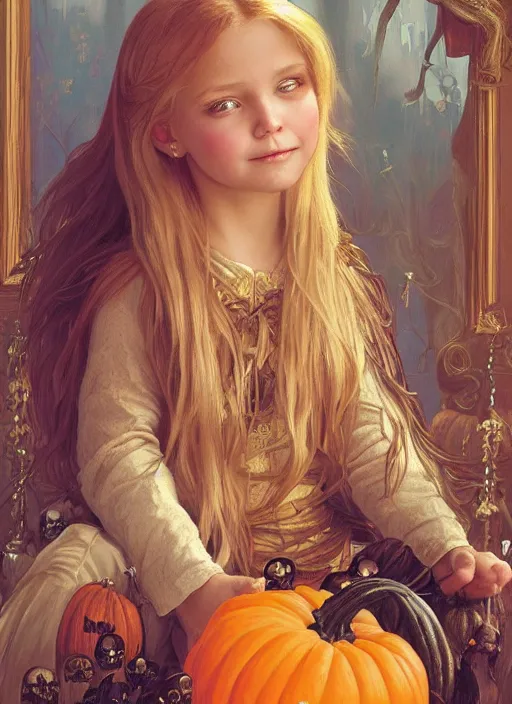 Prompt: a happy little girl with long straight golden blonde hair sitting amidst halloween decor, skulls and pumpkins. beautiful highly detailed face, beautiful painting by artgerm and greg rutkowski and alphonse mucha