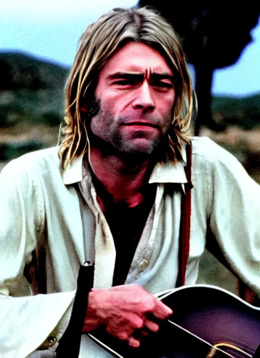 Prompt: film still of kurt cobain as clint eastwood in the movie a fist full of dollars, full-shot, 4k