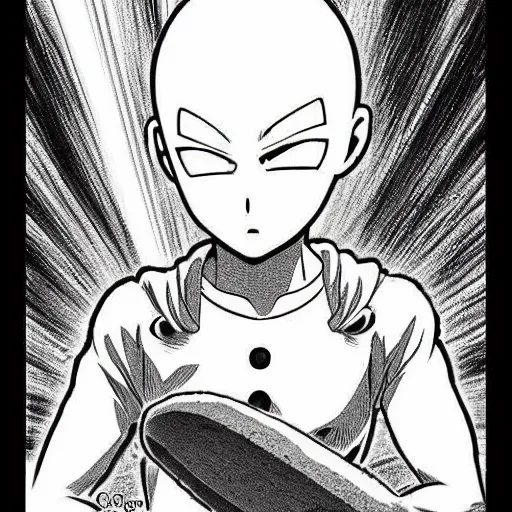 Image similar to bread baker one punch man, baking french baguette, instagram post, detailed manga style