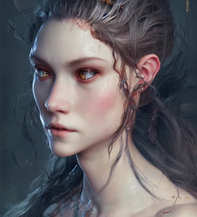 Prompt: a portrait of a dragon girl, hyper detailed, digital art, trending in artstation, cinematic lighting, studio quality, smooth render, unreal engine 5 rendered, octane rendered, art style by klimt and nixeu and ian sprigger and wlop and krenz cushart