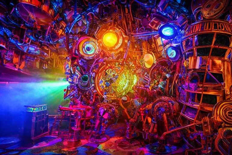 Prompt: scene is elrow party in space in ibiza, portrait photo of a giant huge golden and blue metal steampunk robot, with gears and tubes, eyes are glowing red lightbulbs, shiny crisp finish, 3 d render, 8 k, insaneley detailed, fluorescent colors, haluzinogetic, background is multicolored lasershow