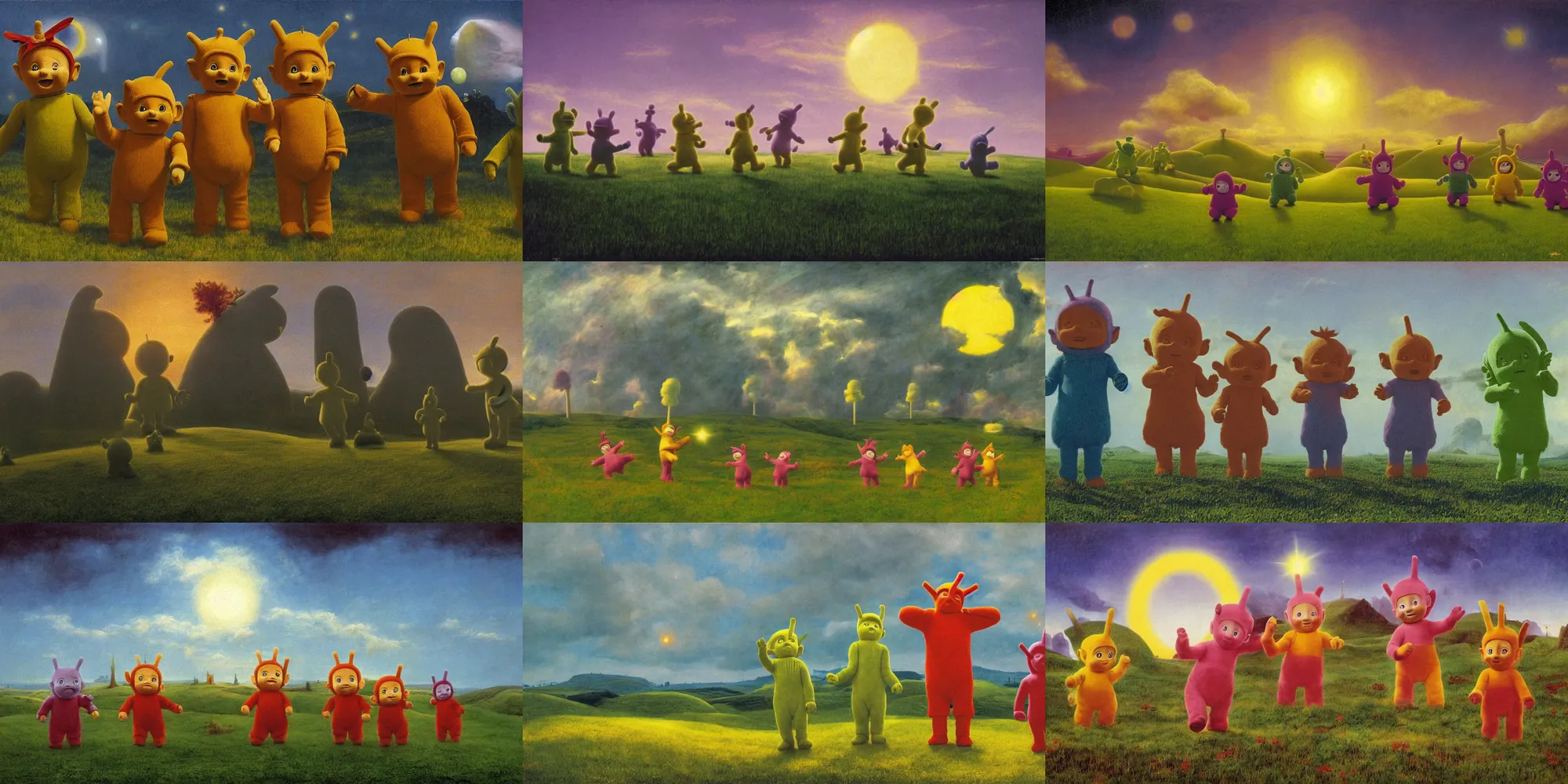 Prompt: teletubbies, by caspar david friedrich