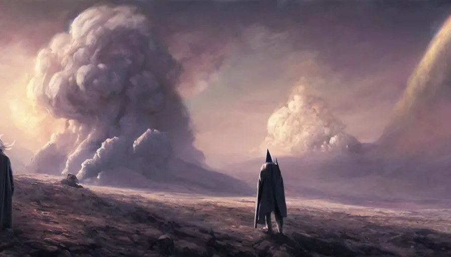 Prompt: a beautiful painting of gandalf watching many nuclear explosions destroy an alien world, ray traced lighting by jean kalin popov and greg rutkowski