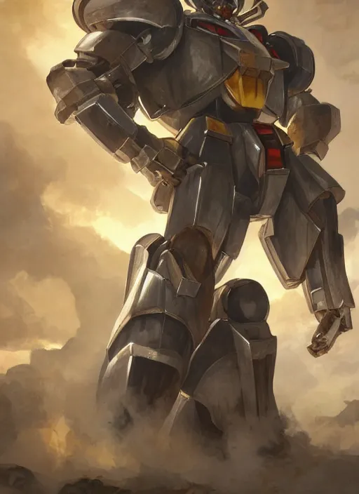 Image similar to medium-length portrait of a male paladin with short curly hair and a salt-and-pepper beard, dark brown skin, wears a suit of power armor, magitech!, gundam, medieval setting, highly detailed, digital painting, artstation, concept art, sharp focus, illustration, art by greg rutkowski and alphonse mucha