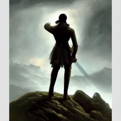 Image similar to dark-skinned man standing tall on a cliff fog clouds clothed in military uniform holding sword in the style of CASPAR DAVID FRIEDRICH techno atmosphere colourful beautiful image, brush strokes, pastel, artstation deviantart acrylic