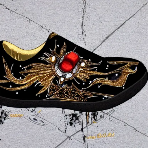 Image similar to sneakers swarovski damaged gold with red crest on top dark night artwork detailed intricate worn out metal, cinematic