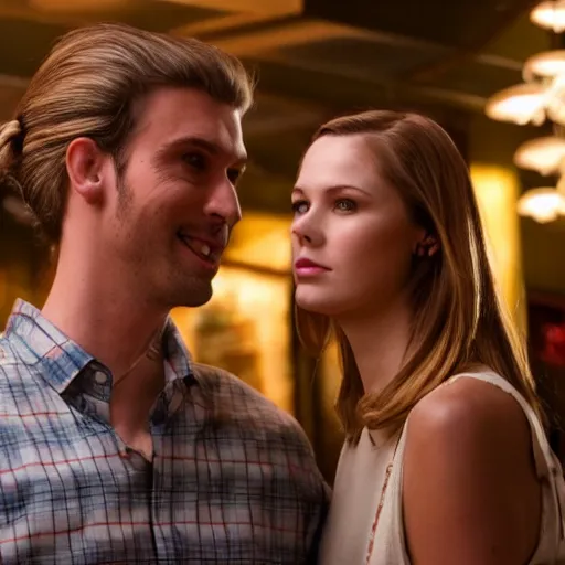 Prompt: photo of a tall guy with dark blond hair bun dating a blond girl in an old restaurant, Gilmore girls aesthetic, realistic, beautiful lighting