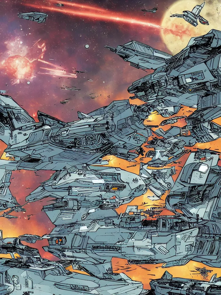 Image similar to A science fiction comic book page made by Jorg de Vos, spaceship battle, stars, explosions, epic scene