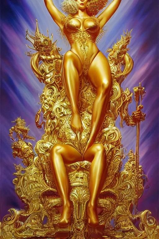 Image similar to airbrush painting of an amazing magic golden queen seated over a fantasy throne, by hajime sorayama and boris vallejo, realistic, hyperdetailed, centered, trending on artstation,