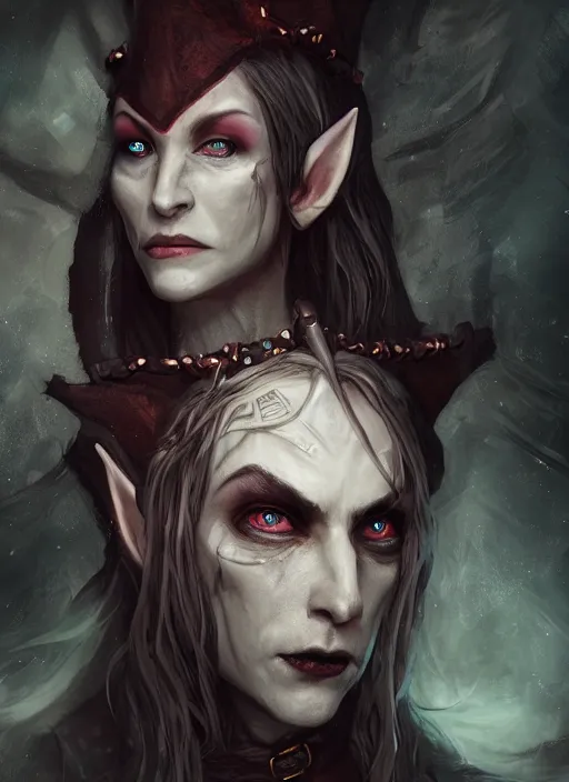 Image similar to A mixed media portrait painting of a elven vampire sorcerer in a atmospheric dark dungeon, unreal 5, DAZ, hyperrealistic, octane render, RPG portrait, ambient light, dynamic lighting