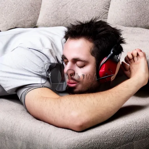 Image similar to a guy listening to music lying down in a chill out room.