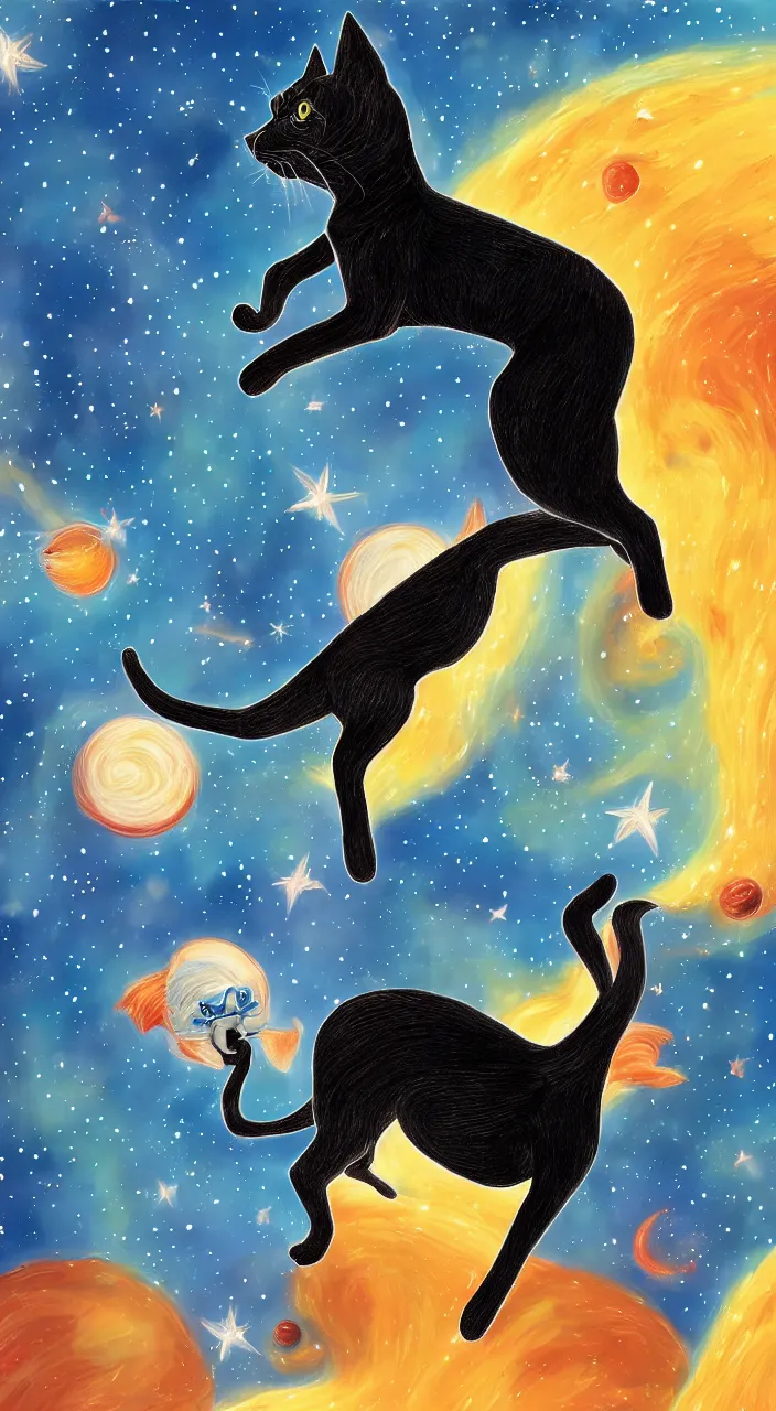 Prompt: black cat riding blond chiweenie through space, detailed, digital painting