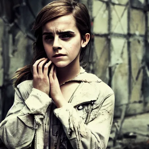 Prompt: concerned and tired emma watson in the ruins of civilization after the apocalypse, torn and tattered clothes, hd photo, high detail, shallow depth of field, face focus