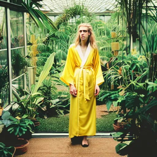 Image similar to Medium format photograph of an elegant woman that look like Brit Marling wearing a yellow kimono in a tropical greenhouse, bokeh