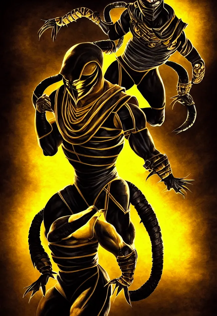 Prompt: full body, full figure portrait of classic scorpion from mortal kombat 1 in the sky, full body shot, highly detailed dramatic lighting, artstation, atmospheric perspective, artgerm, mk ninja, epic yellow tight ninja suit, intense contrast, 3 light sources, by lee bermejo, alphonse mucha, greg rutkowski, simon bisley