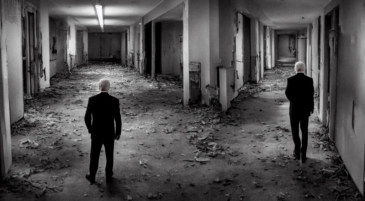 Image similar to unnerving dark 4 k photograph of joe biden standing alone in a long creepy hallway of an abandoned insane asylum, hospital, checkered floor, crime scene, horror