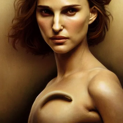 Prompt: an art nouveau portrait of natalie portman in dramatic lighting, depth of field background, artstation, award - winning realistic sci - fi concept art by jim burns and greg rutkowski, beksinski, a realism masterpiece, alphonse mucha,