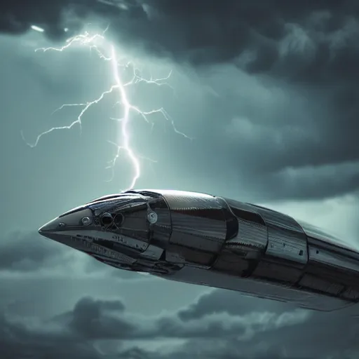 Image similar to a detailed intricate spaceship flying through a lightning storm, moody, cinematic, atmospheric