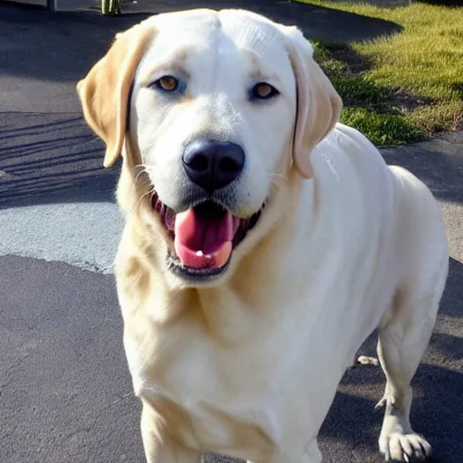 Prompt: a hybrid between a yellow lab and a panther, friendly but menacing