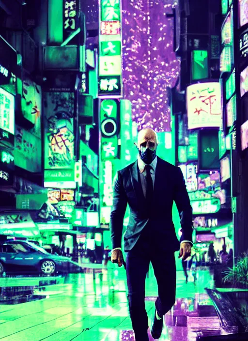 Image similar to jason statham as masked jaguar god walking in shinjuku, green and purple hour by ismail inceoglu