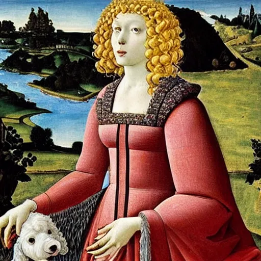 Prompt: portrait of a white poodle with curly white hair as an italian queen, painting by botticelli, 1 4 8 0 s