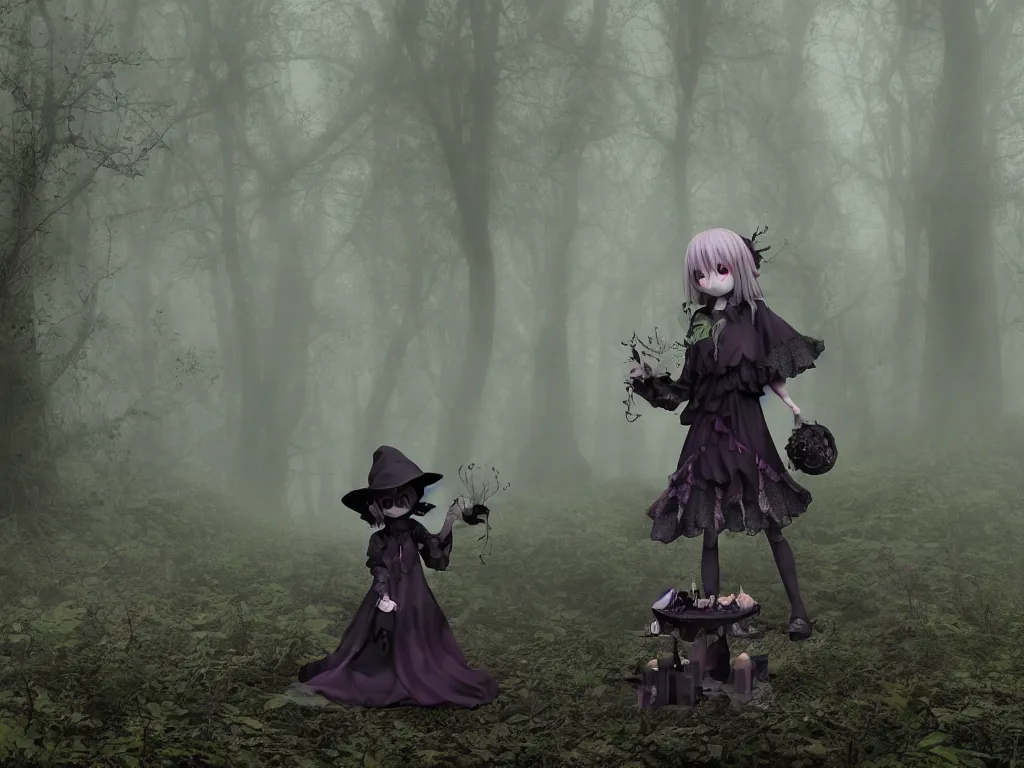 Prompt: cute gothic fumo plush witch girl ventures deep into the forbidden forest, ancient overgrown pagan monument summoning circle, volumetric fog and smoke, the bog of dark abyss, vray