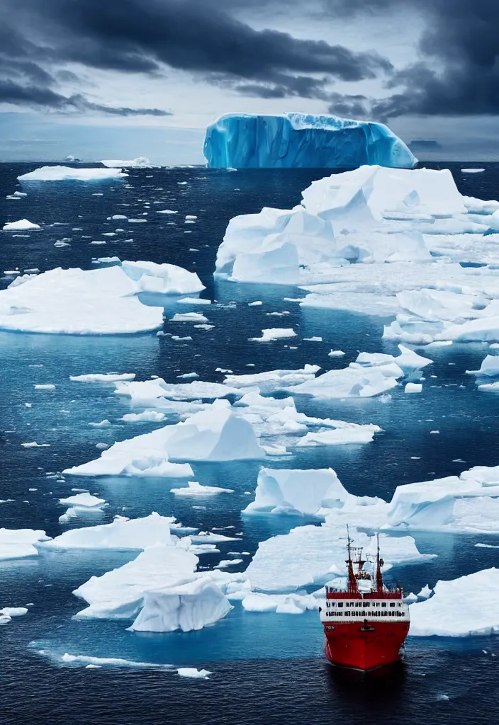 Prompt: ship being persecuted by a police ship over raging turbulent waters in antartica, icebergs in the background, hyper realistic, highly detailed, apocalyptic, intimidating lighting, raytracing, sharp focus, smooth