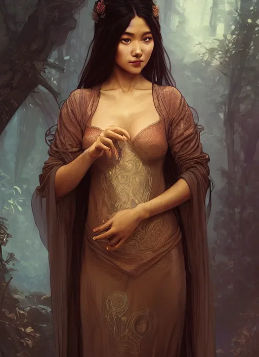 Image similar to cute brown woman wearing a transparent night gown and hanfu face veil, fantasy, intricate, highly detailed, digital painting, artstation, concept art, wallpaper, smooth, sharp focus, illustration, art by artgerm and greg rutkowski and alphonse mucha