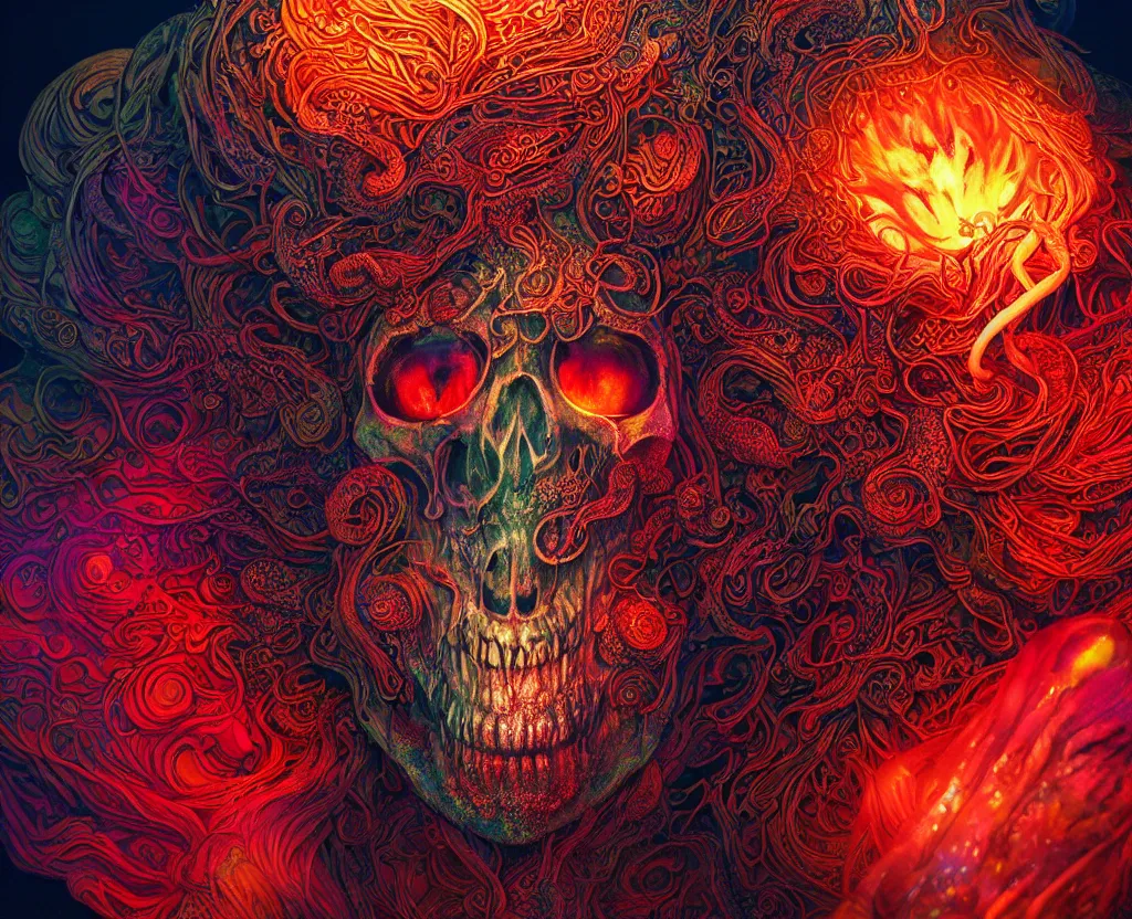 Image similar to psychedelic shaman close-up portrait. amanita muscaria phoenix head, nautilus, insect, skull, ice and fire, bioluminiscent creatures, intricate artwork by Tooth Wu and wlop and beeple. octane render, trending on artstation, greg rutkowski very coherent symmetrical artwork. cinematic, hyper realism, high detail, octane render, 8k