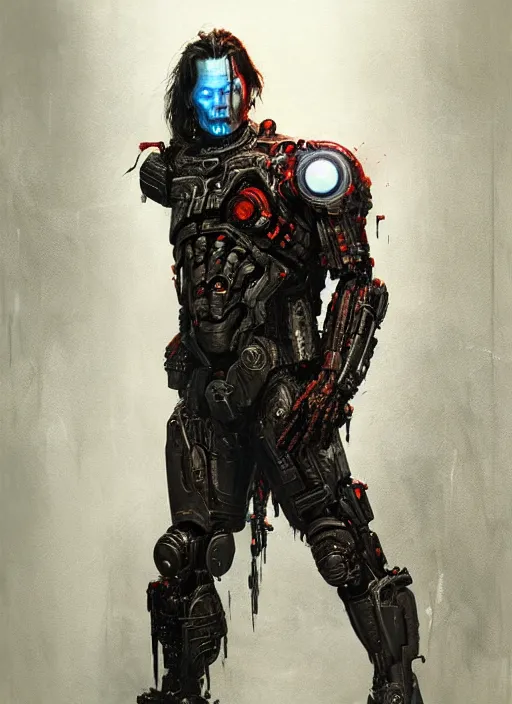 Image similar to johnny depp as victor stone, full body concept, cyborg, borg, strogg, face of a man, terminator, flesh, quake strogg, doom demon, wolfenstein, monstrous, powerful, symmetry, symmetrical, concept art by ruan jia and greg rutkowski