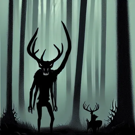 Prompt: Rafeal Albuquerque comic art, Emma Rios comic, Wendigo monster with deer skull face, antlers, furry brown body, tall and lanky skinny, walking through the forest, very dark night time, deep black, ominous lighting, spooky, scary, foggy, fog