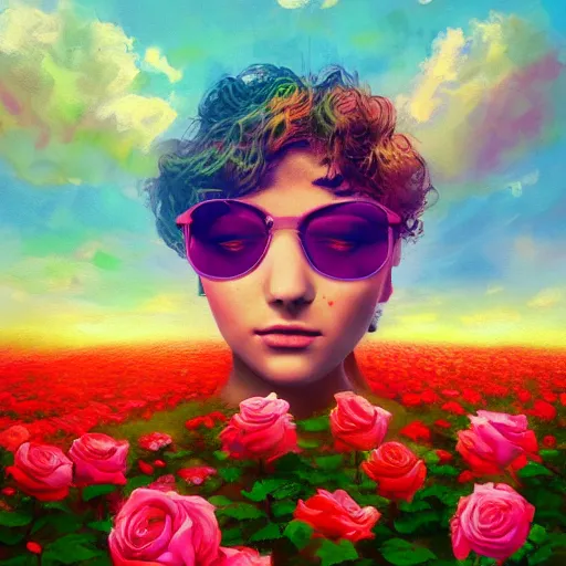 Prompt: large rose as a face, girl frontal in a flower field, surreal photography, sunrise dramatic light, impressionist painting, colorful clouds, digital painting, artstation, simon stalenhag