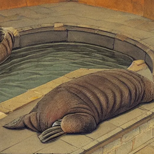 Image similar to a walrus with two tails laying in a old roman bathhouse