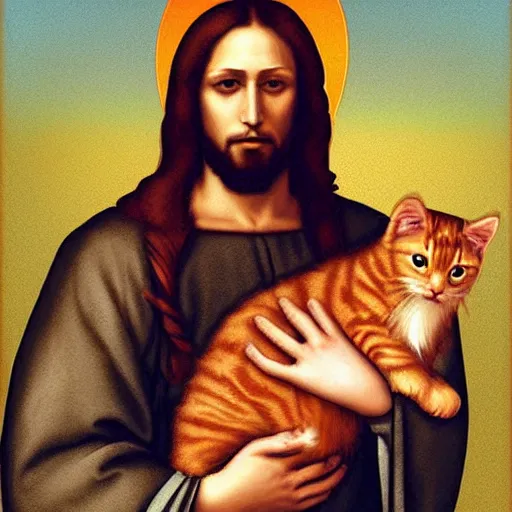 Prompt: portrait of jesus holding a cute ginger cat, digital art, by leonardo da vinci
