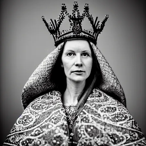 Prompt: portrait photograph of a very beautiful Scandinavian queen with ornate cloak, bokeh, graflex camera, marcro 15mm