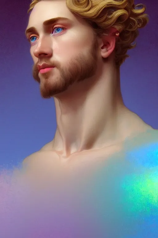 Prompt: bust of a man , strong boy, gradient rainbow, dreamy and ethereal, blue eyes, golden ratio, peaceful expression, ornate frilly dress, fantasy, intricate, elegant, rainbow bubbles, highly detailed, digital painting, artstation, concept art, smooth,b sharp focus, illustration, art by artgerm and greg rutkowski and alphonse mucha