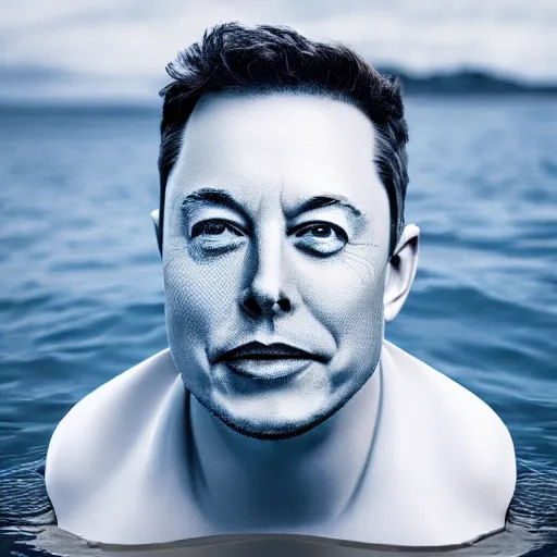 Image similar to water artwork manipulation in the shape of the face of elon musk, on the ocean water, ray tracing, realistic water sharp focus, long shot, 8 k resolution, cinematic, amazing water art