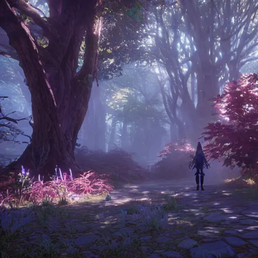 Prompt: Walking through a magical forest filled with fairies, Tales of Arise styled, pixar and disney, studio ghibli sharp , rendered in unreal engine, anime, dramatic, volumetric lighting