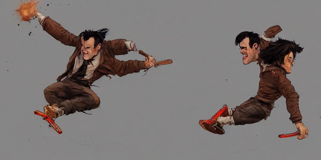 Prompt: cartoonish quentin tarantino doing puenting, vivid colors, character sheet, fine details, concept design, contrast, kim jung gi, greg rutkowski, trending on artstation, 8 k, full body, turnaround, front view, back view, ultra wide angle