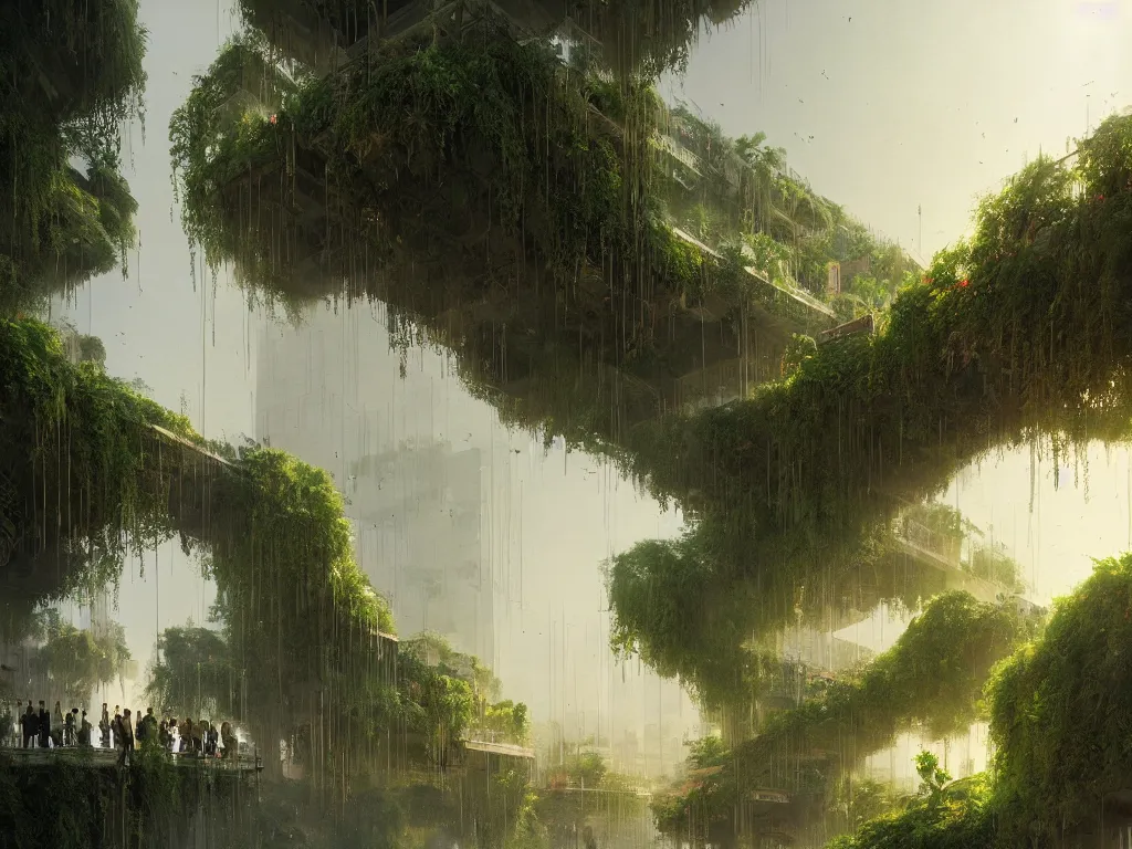 Image similar to the green city of babylon with its wonderful hanging gardens at dawn, intricate, elegant, volumetric lighting, digital painting, highly detailed, artstation, sharp focus, illustration, concept art, ruan jia, steve mccurry