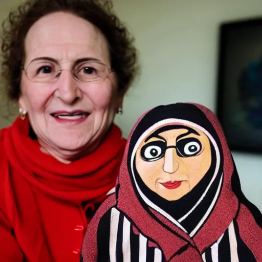 Prompt: portrait of a babushka with a miniature John Oliver puppet