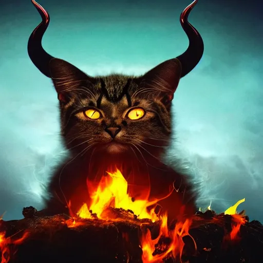 Image similar to evil cat with horns on its head sitting on a burning throne, the lord of hell, vast expanse of hell background, cat satan,