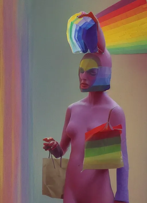 Image similar to woman in a translucent clothing made from colorful rainbow plastic bag with paper bags for clothes standing inside paper bags with paper bag over the head at colorful rainbow store display, highly detailed, artstation, art by , edward hopper, zdislav beksinski, wayne barlowe