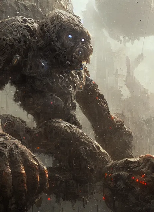 Image similar to cyborg!!!! king kong, greg rutkowski, 8 k, shallow depth of field, intricate detail, concept art,