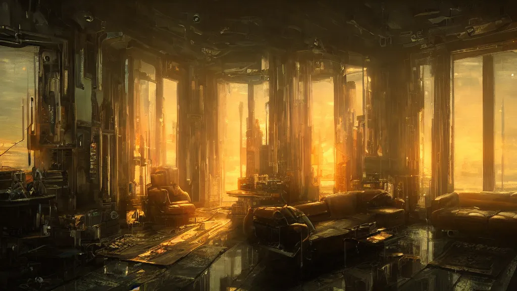 Image similar to Cyberpunk interior, living room, sunset, painted by seb mckinnon, high detail, digital art, trending on artstation