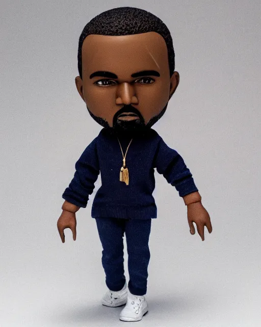 Image similar to 1970s action figure of Kanye West, product photography, plastic toy, white background, isolated background, studio lighting