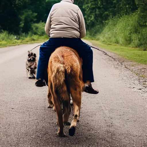 Prompt: portrait of an elderly man riding an alsatian, canon eos r 3, f / 1. 4, iso 2 0 0, 1 / 1 6 0 s, 8 k, raw, unedited, symmetrical balance, wide angle