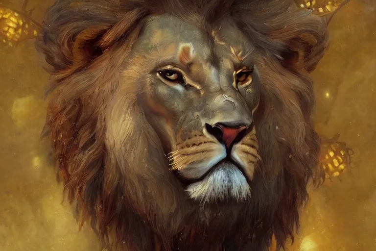 Image similar to An antropomorphic lion dressed as king in a Gothic atelier, oil painting, detailed, colorful, 4k, dimly lit, in the style of Yanjung Chen and Tom Bagshaw