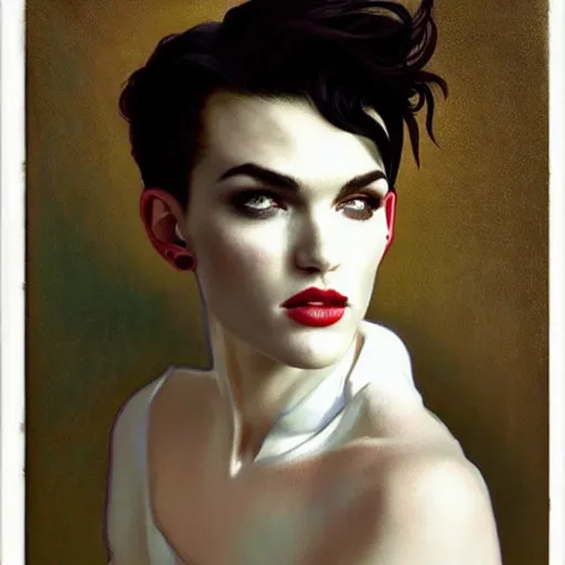 Image similar to alluring portrait of androgynous ruby rose as desire from sandman in a white tuxedo!!!, rockabilly style,, by alphonse mucha, by jeremy mann, by peter lindbergh, dave mckean, by frank moth, white suit and black tie, soft lightning, high detailed, 8 k